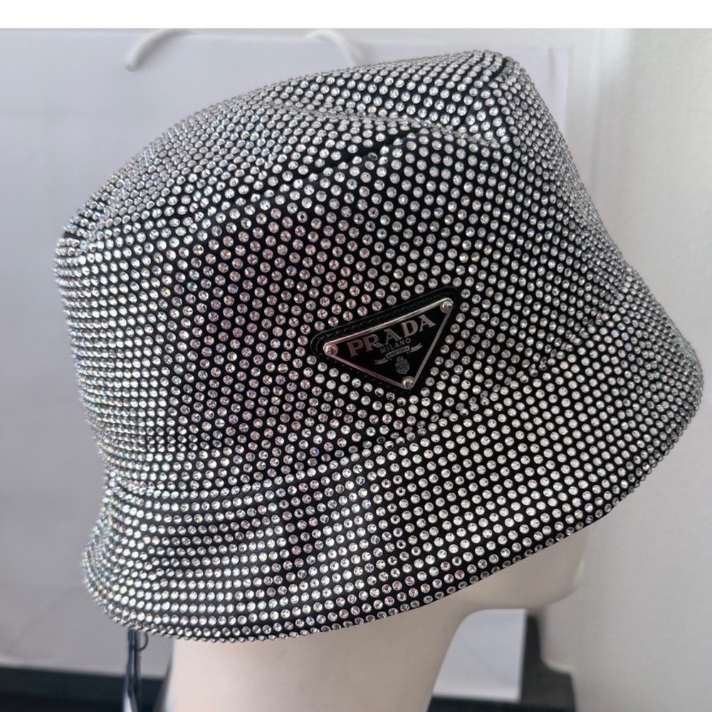 Prada Crystal Re-Nylon Bucket Hat‎ Silver Black 1HC137 2CLA F0T70 Size S NEW